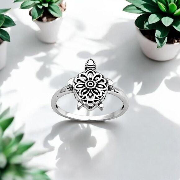 Sterling Silver Mandala Turtle Ring, Sea Animals, Spiritual, Turtles - Picture 1 of 7